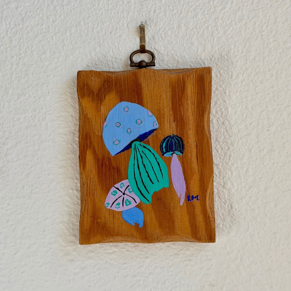 Signed Handmade Mushroom Wood Plaque, Hand Painted Folk Art Wall Hanging Cottage
